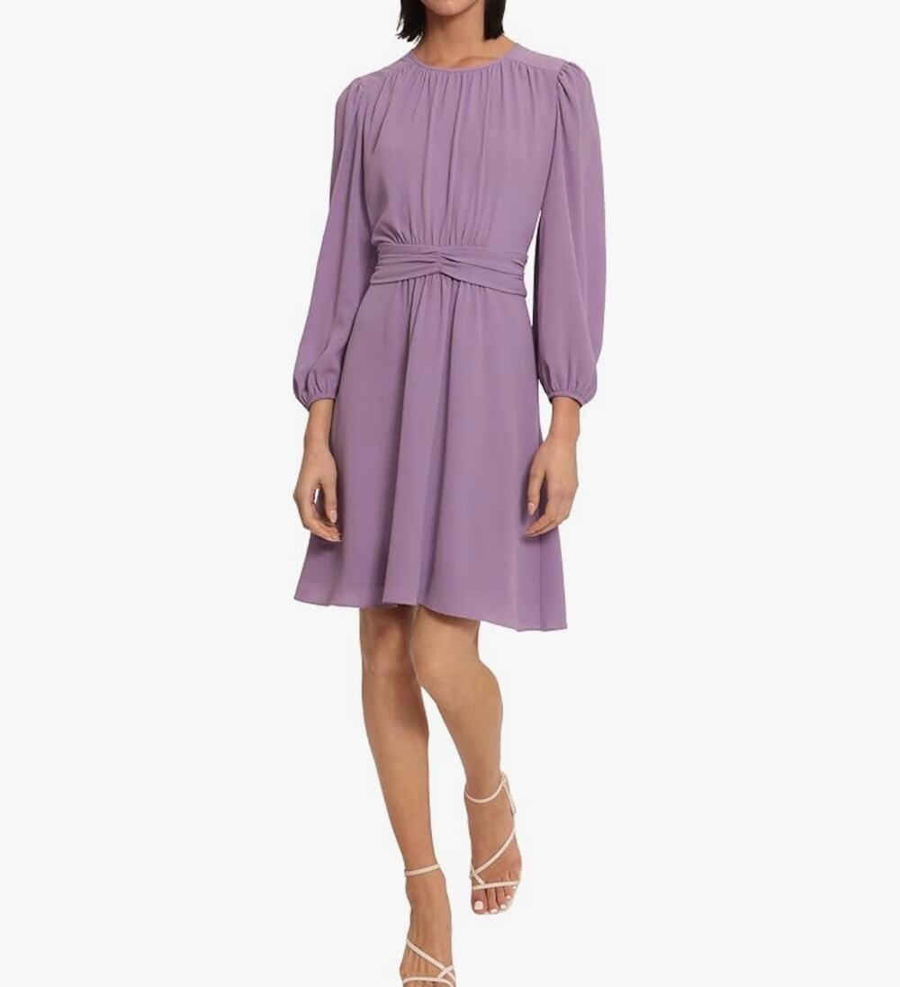 Donna Morgan A-Line Bubble Crepe Dress Long Sleeve in Violet Size 8